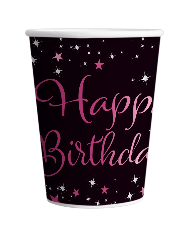 Vasos 250ml Papel Cumple Estrellado Rosa H.Bday