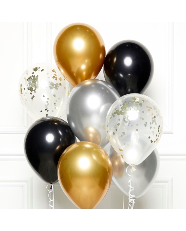Globos Latex 27,5cm Kit Bouquet Negro/Oro/Plata(8)