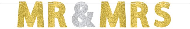 Banner Pancarta Letras de Purpurina Oro y Plata Mr &amp; MRS - 3,6m