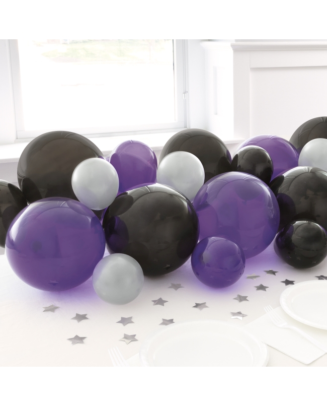 Kit Guirnalda Globos Perla Negro Morado Y Plata Y Confeti Metal