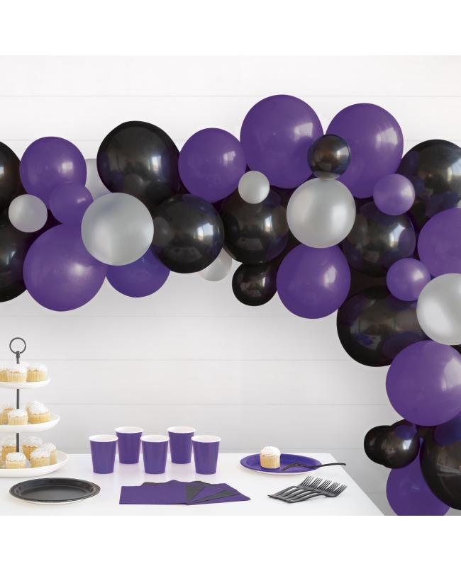 Kit Arco Globos Negro, Morado Y Plata