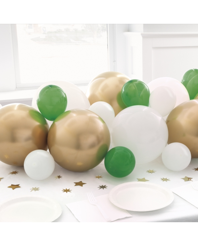 Guirnalda Globos Verde Oscuro, Blanco, Oro Y Confeti Metal