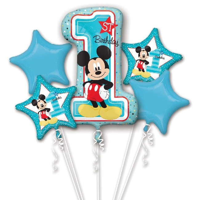 Ramo de Globos Primer Cumpleaños Mickey Mouse - Surtido de Globos Metalizados