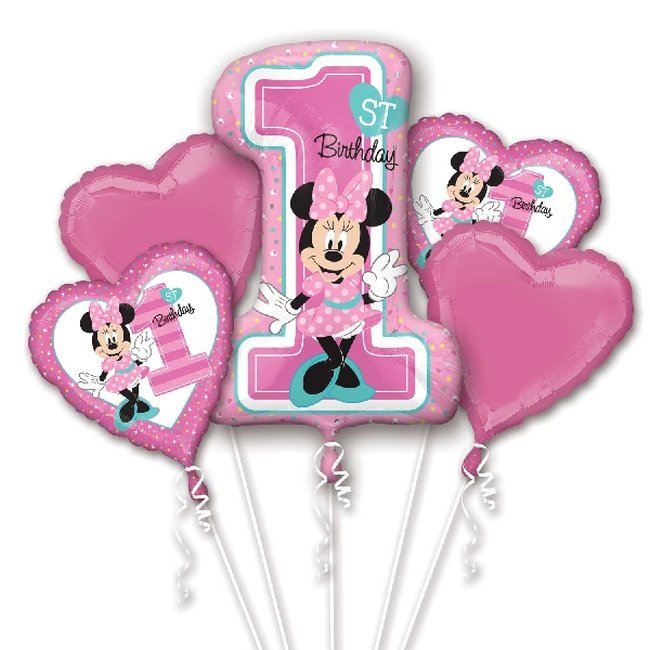 Ramo de Globos Primer Cumpleaños Minnie Mouse - Surtido de Globos Metalizados