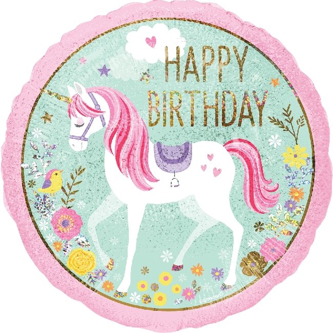 Globo Unicornio Mágico &#039;&#039;Happy Birthday&#039;&#039; - Aluminio 45cm