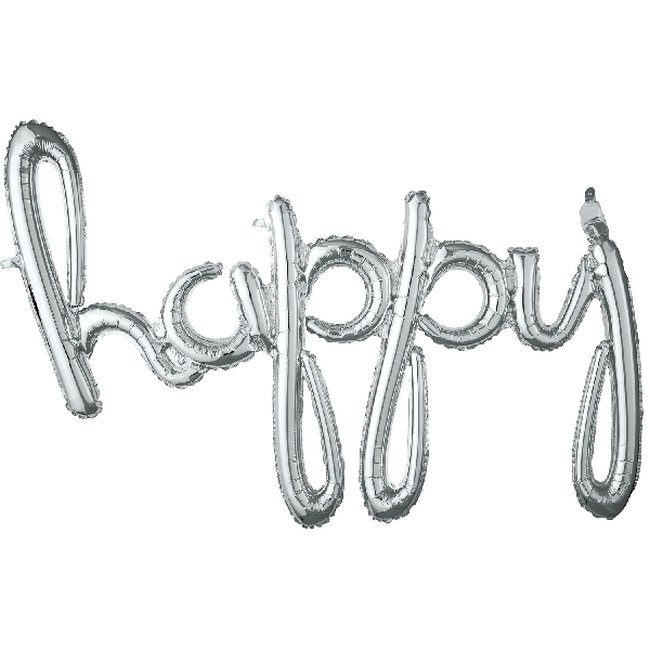 'Happy' Script Phrase Plata 39/99cm x 27/68cm