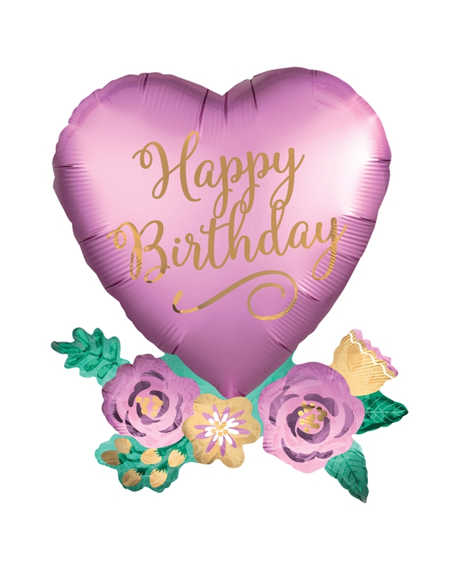 Forma Happy Birthday Satin Heart With Flowers 58cm 76cm