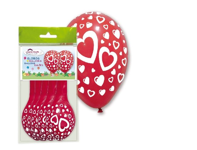 5 GLOBOS LATEX ROJOS CORAZONES 30cm