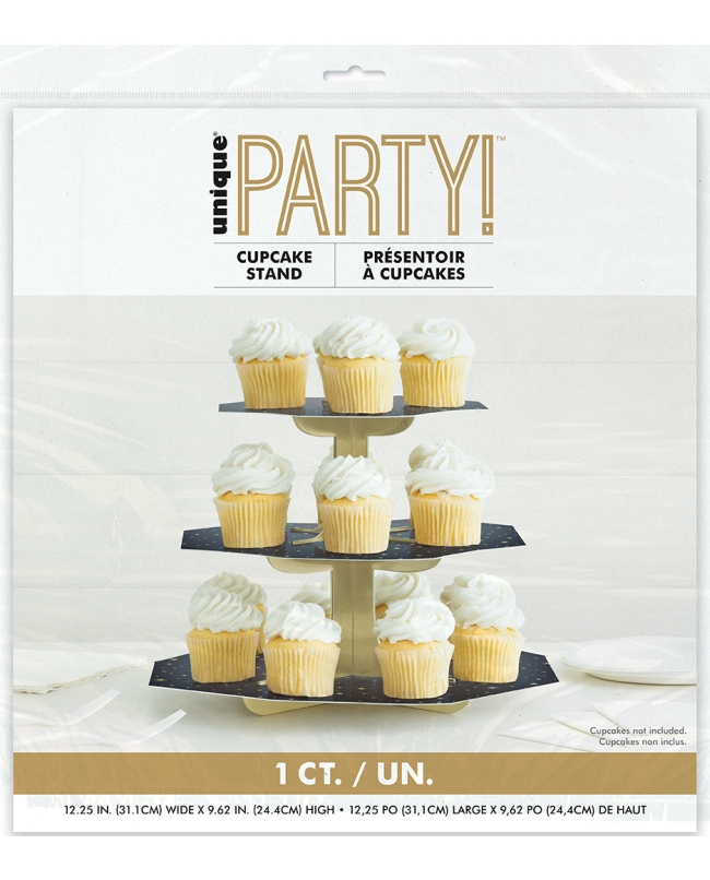 Soporte Pastel Negro Y Oro 3 Pisos Foil/Carton