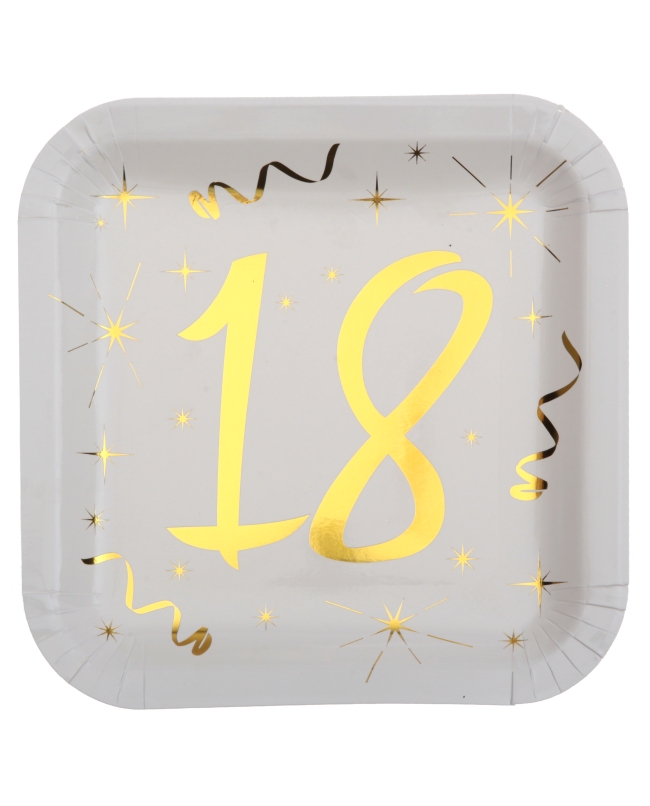 Platos Cuadrado Blanco Numero 18 Oro 23X23cm Carton ***OFERTA DTO NO ACUMULABLE