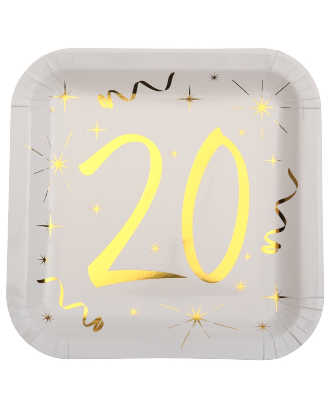 Platos Cuadrado Blanco Numero 20 Oro 23X23cm Carton ***OFERTA DTO NO ACUMULABLE