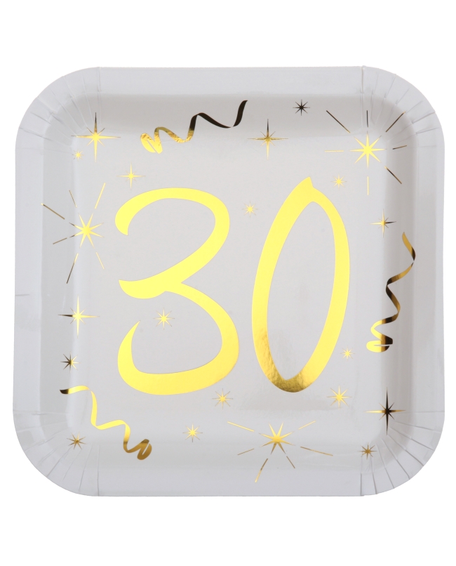 Platos Cuadrado Blanco Numero 30 Oro 23X23cm Carton ***OFERTA DTO NO ACUMULABLE