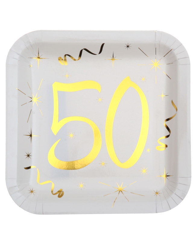 Platos Cuadrado Blanco Numero 50 Oro 23X23cm Carton ***OFERTA DTO NO ACUMULABLE