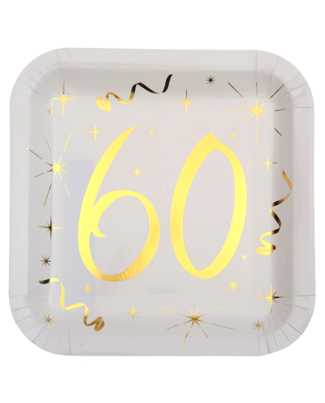 Platos Cuadrado Blanco Numero 60 Oro 23X23cm Carton ***OFERTA DTO NO ACUMULABLE