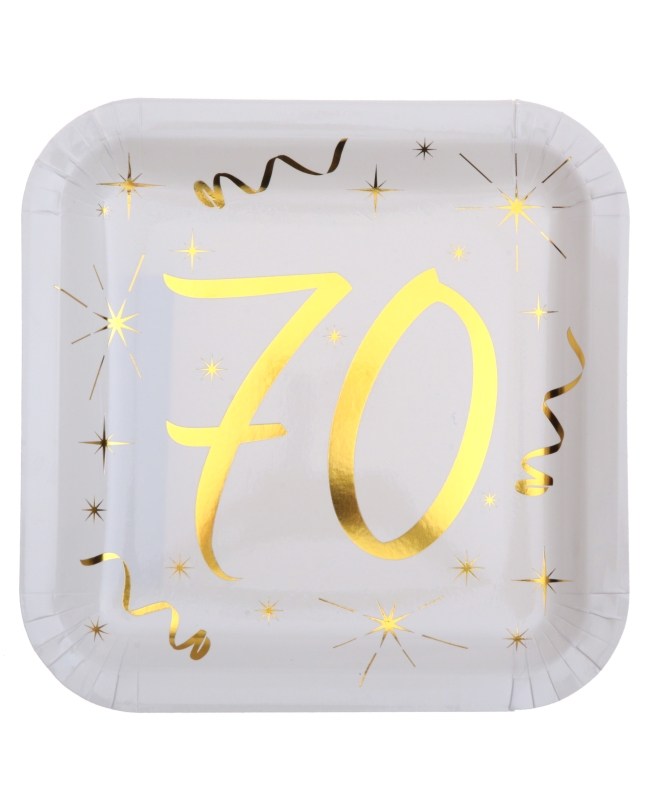 Platos Cuadrado Blanco Numero 70 Oro 23X23cm Carton ***OFERTA DTO NO ACUMULABLE