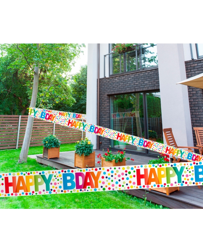 Cinta Advertencia Happy Bday Lunares Plastico 15m