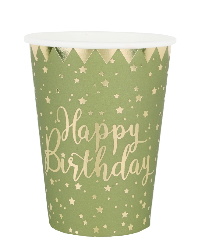 Vasos Happy Bday Verde Oliva 7.8X9.7cm 27cl Carton ***OFERTA DTO NO ACUMULABLE