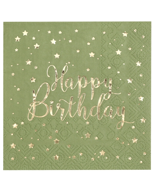 Servilletas Happy Bday Verde Oliva 25X25cm Papel 3 Capas ***OFERTA DTO NO ACUMULABLE