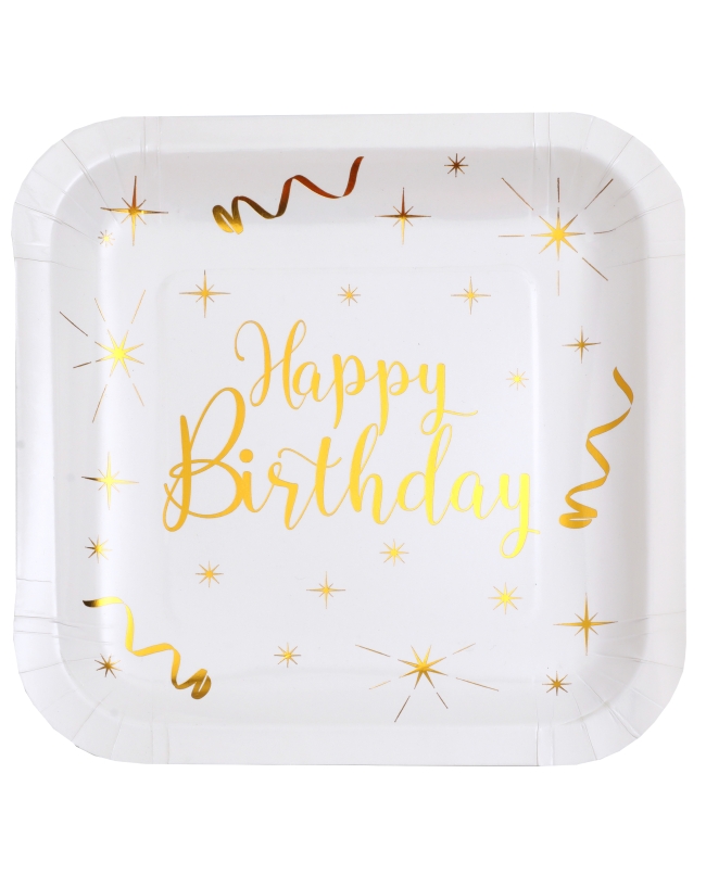 Platos Cuadrados Happy Bday Blanco 23X23cm Carton ***OFERTA DTO NO ACUMULABLE