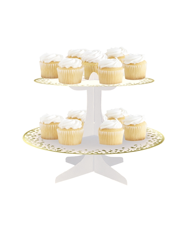 Soporte Pastel Blanco Y Oro 2 Pisos Foil/Carton