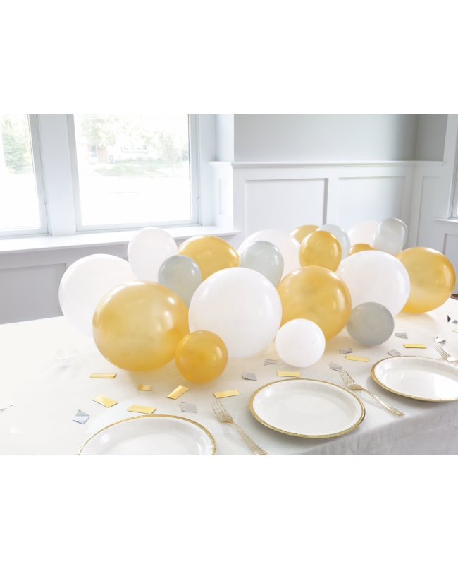 Guirnalda Globos Blanco, Plata Y Oro Y Confeti Foil