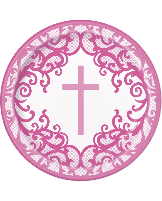 Platos 17,5cm Comunion Cruz Rosa