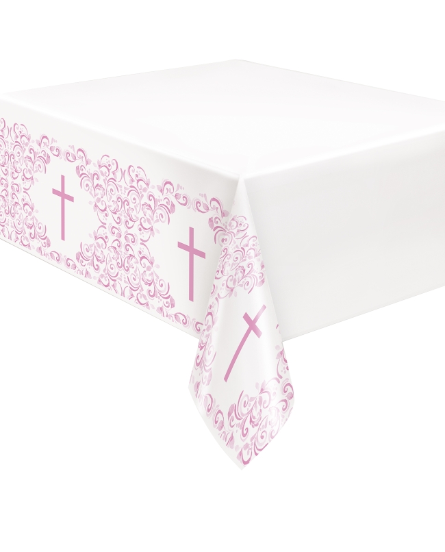 Mantel Plastico Comunion Cruz Rosa 1,37X2,13m