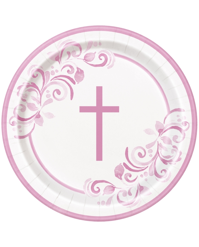 Platos 22,5cm Comunion Cruz Rosa