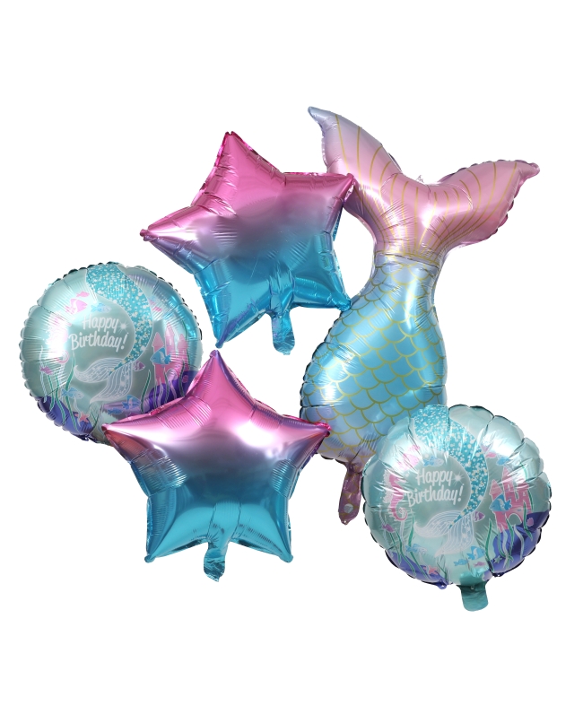 Kit Globos Foil Sirena Iridiscente 4X 45cm, Forma 52 85cm Y Cinta Aluminio