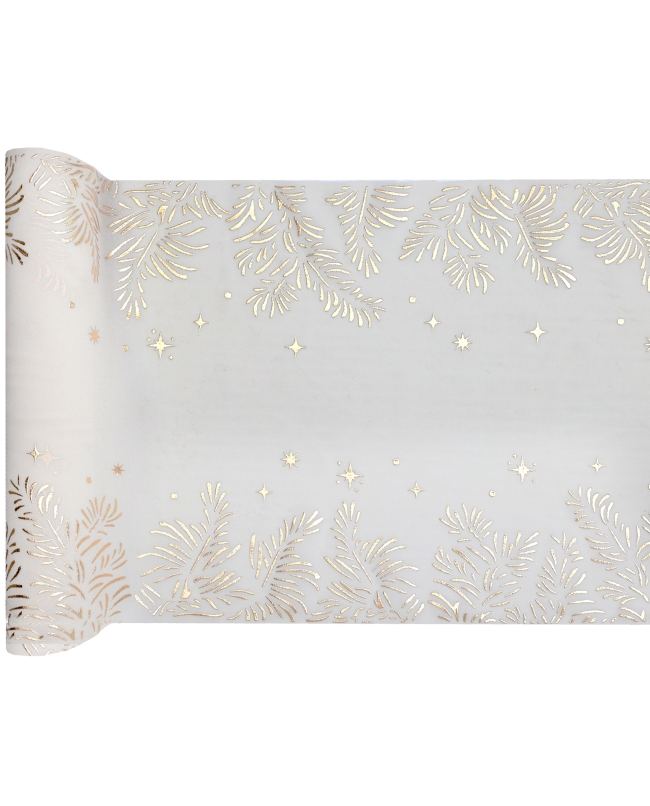 Camino Mesa Hojas Oro-Blanco 27cm Poliester Crepe ***OFERTA DTO NO ACUMULABLE