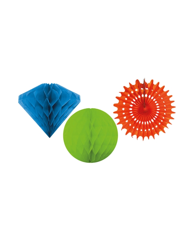 Deco Colg. Nido Abeja Bola Verde 15cm, Diamante Azul 20cm Y Abanico Naranja 