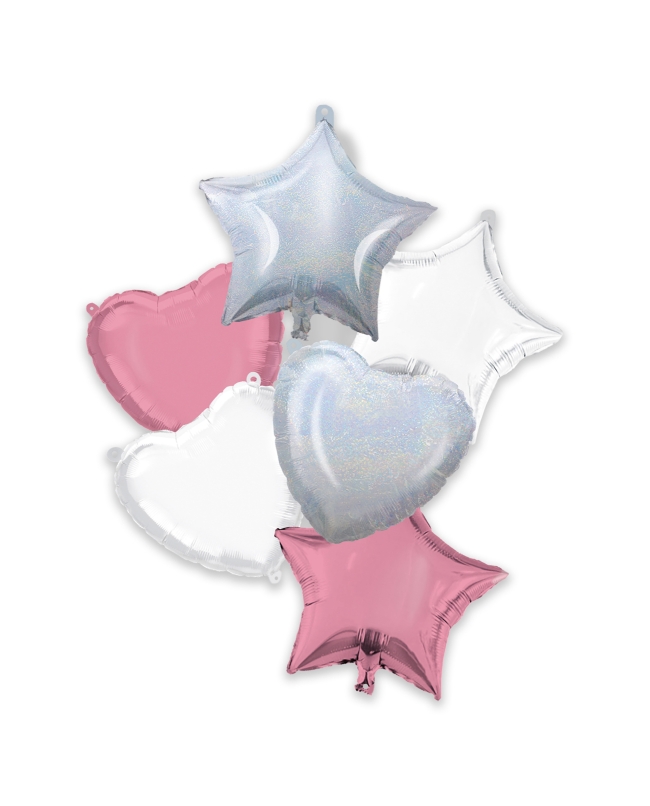 Bouquet 6 Globos 46cm Rosa, Blanco Y Iridisc. + Cinta Y Peso ***OFERTA DTO NO ACUMULABLE