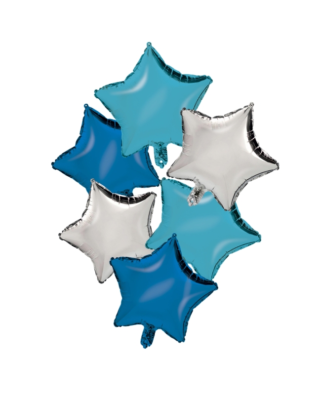 Bouquet 6 Globos 46cm Plata, Azul Y Azul Pastel + Cinta Y Peso ***OFERTA DTO NO ACUMULABLE