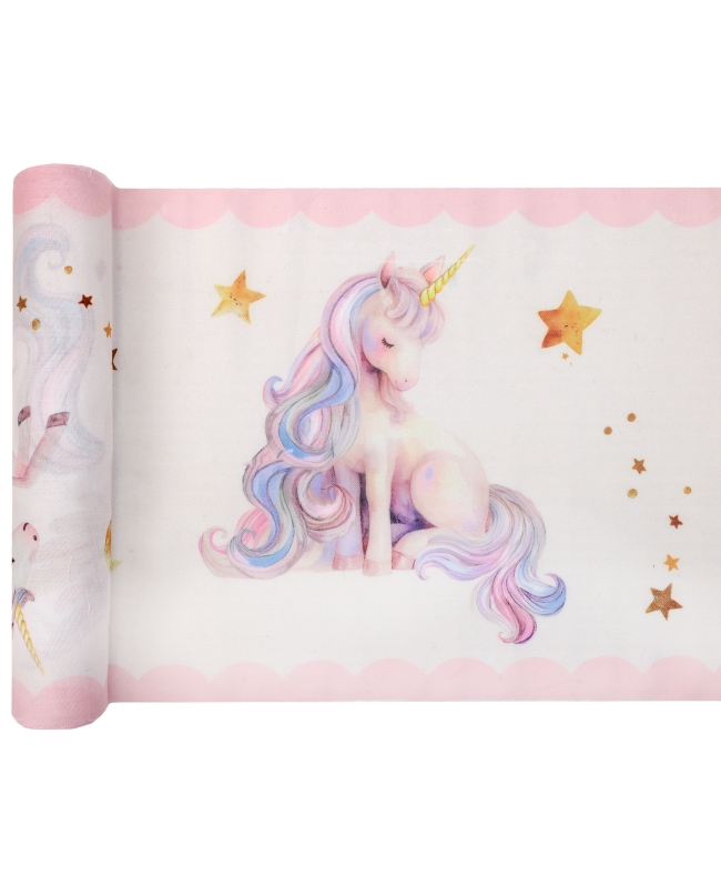 Camino Mesa Unicornio Rosa 28cm Muselina Poliester 2,5m