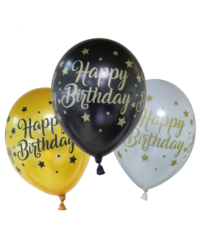 Globos Latex Happy Bday Oro/Negro