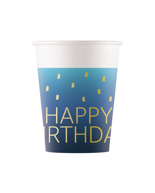 Vasos Papel 200ml Happy Bday Azul Fsc