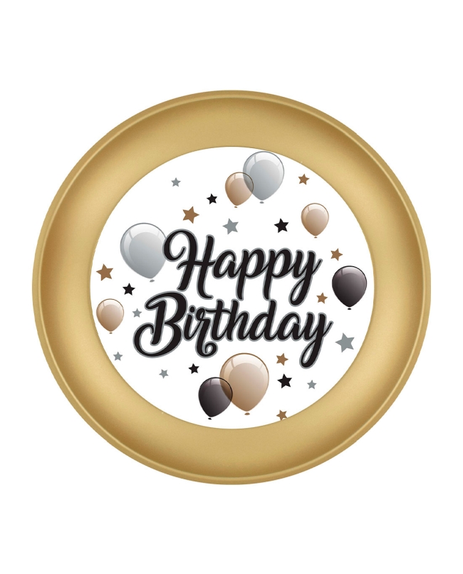 Plato Plastico Reutilizable 21cm Happy Bday Oro/Negro