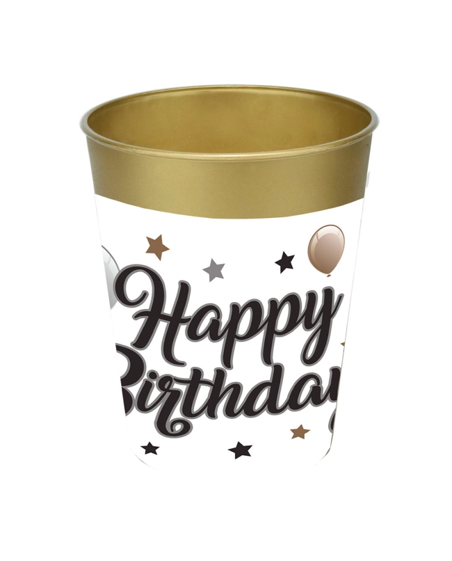 Vaso Plastico Reutilizable 250ml Happy Bday Oro/Negro