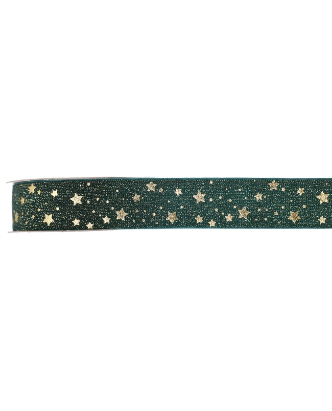 Cinta Estrella Dorada Verde Abeto 25Mm Terciopelo Poliester 3m***OFERTA DTO NO ACUMULABLE