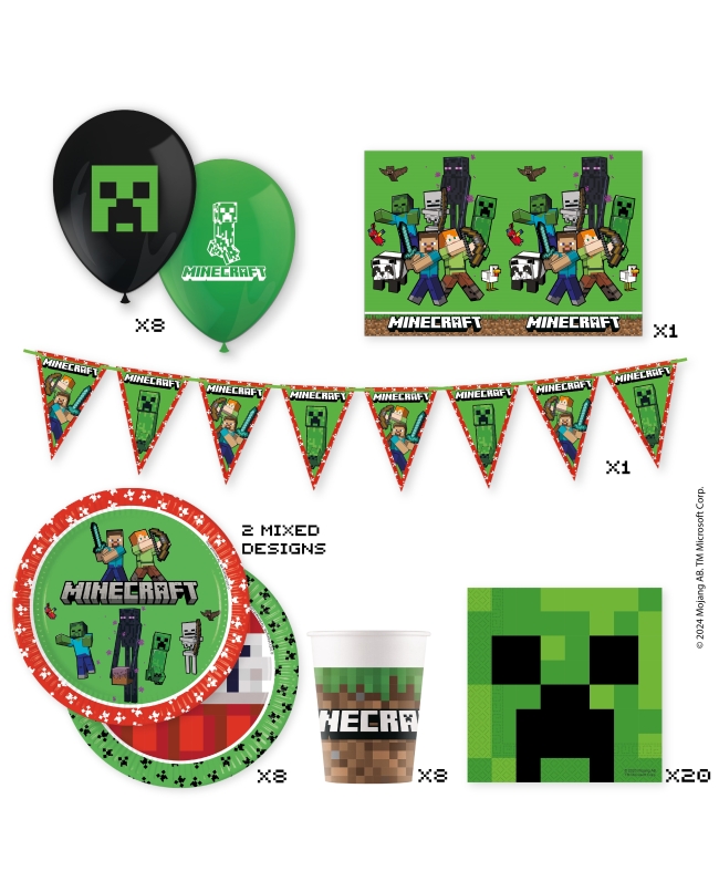 Caja Fiesta Minecraft (Platos, servilletas, vasos, globos latex, guirnalda y mantel)