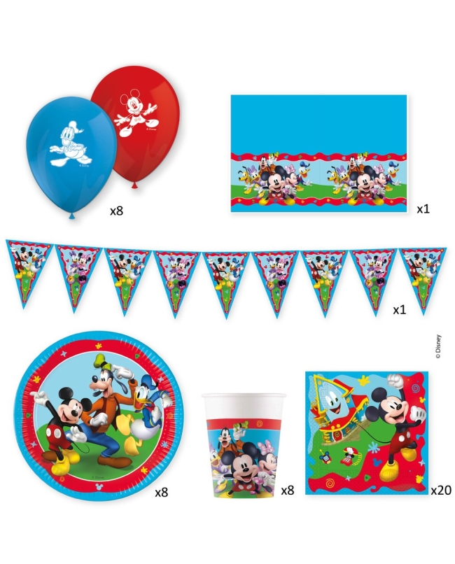 Caja Fiesta Mickey (Platos, servilletas, vasos, globos latex, guirnalda y mantel)