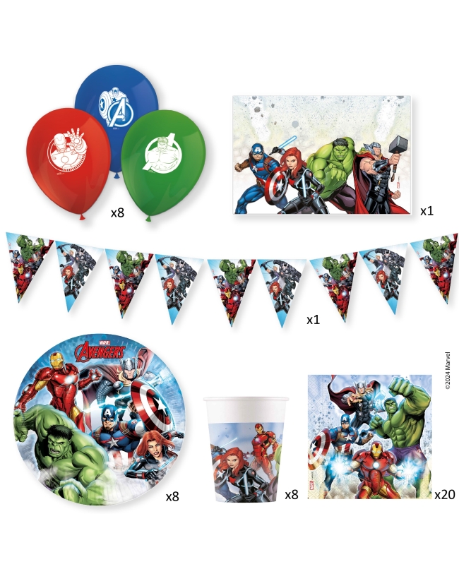 Caja Fiesta Vengadores (Platos, servilletas, vasos, globos latex, guirnalda y mantel)