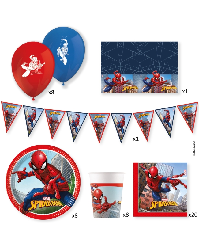 Caja Fiesta SpiderMan (Platos, servilletas, vasos, globos latex, guirnalda y mantel)