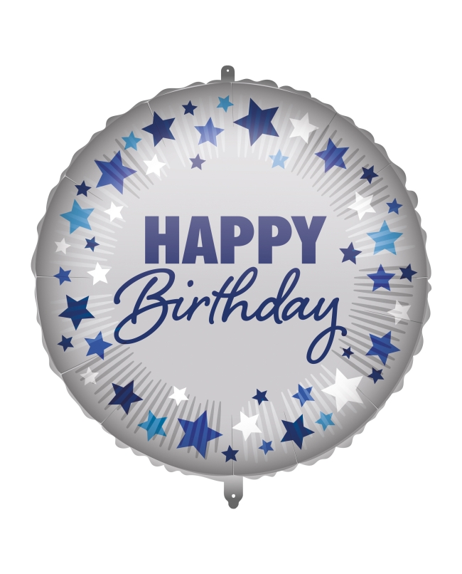 18/46cm Happy Bday Estrellas Azul/Plata, Cinta Y Peso ***OFERTA DTO NO ACUMULABLE
