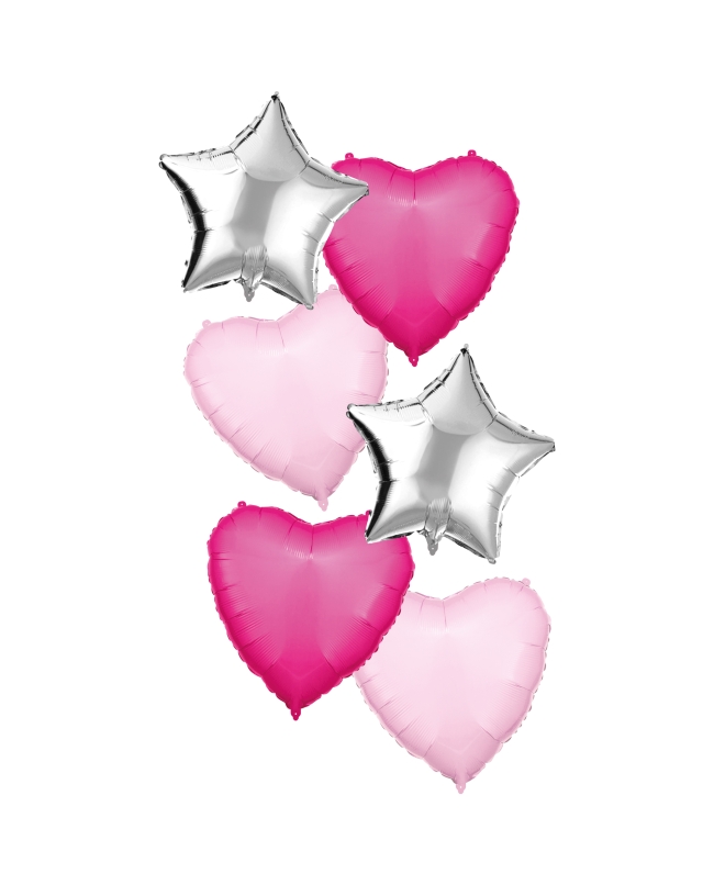 Bouquet 6 Globos 46cm Fucsia, Rosa Y Plata + Cinta Y Peso ***OFERTA DTO NO ACUMULABLE