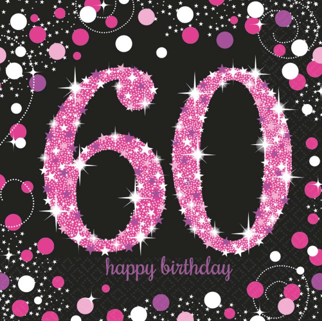 Servilletas Edad 60 de celebración rosa - 2 capas de papel