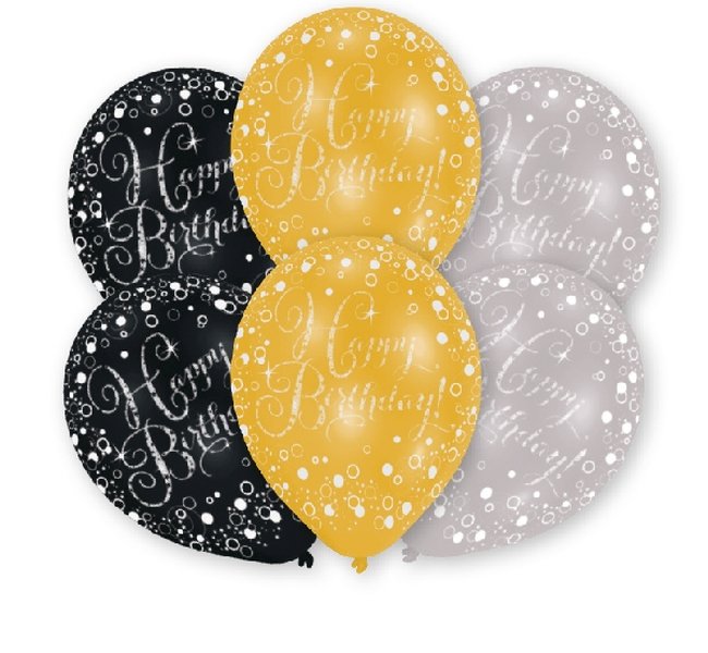 Globos Latex 27,5cm H.Bday Oro, Plata Y Negro