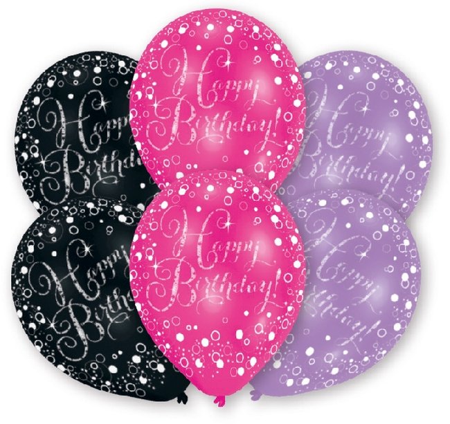 Globos Latex 27,5cm H.Bday Rosa, Morado Y Negro