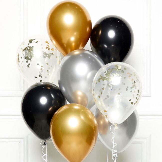 Globos Latex 27,5cm Kit Bouquet Negro, Oro Y Plata