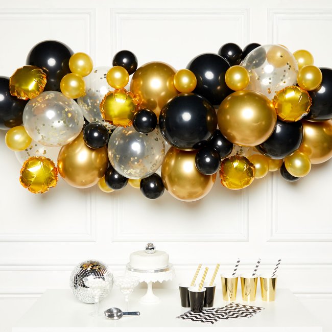 Globos Latex Kit Guirnalda Negro, Oro Y Plata